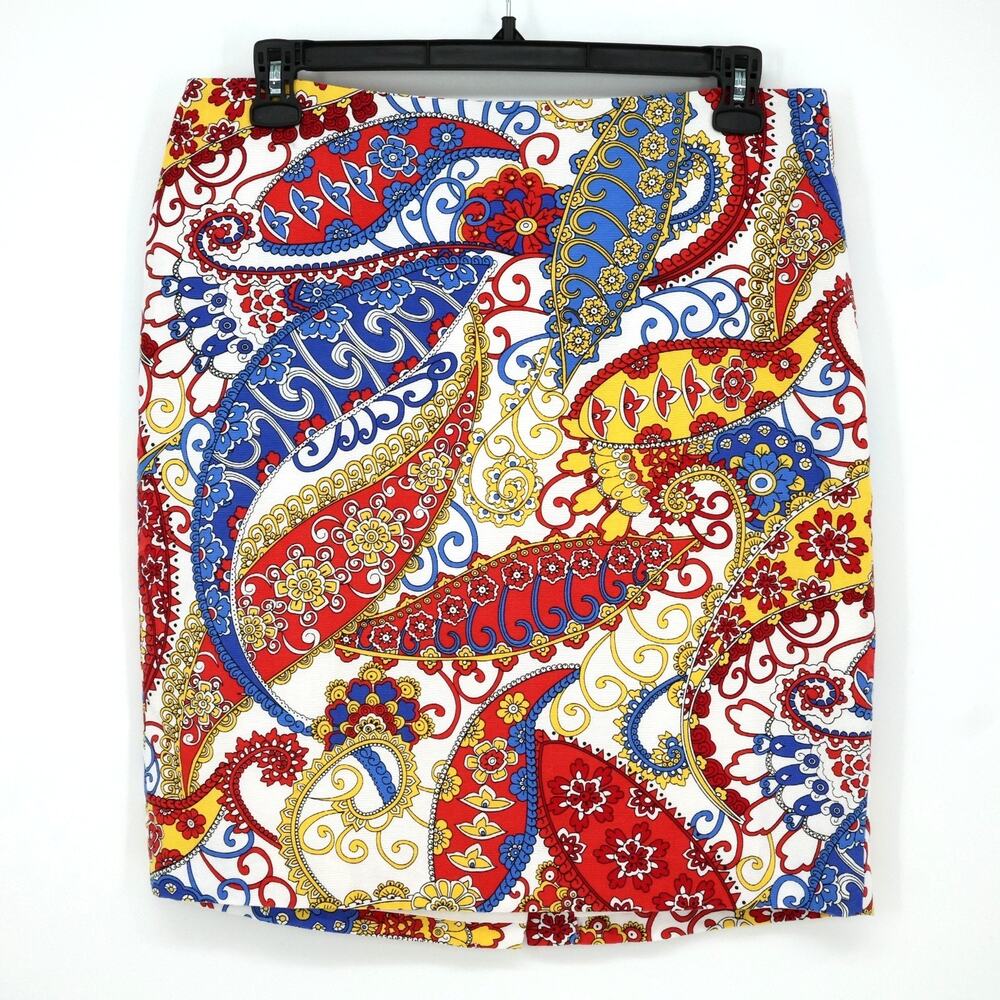 Talbots Skirt Petites 14P Blue Red Paisley Cotton Twill Pencil Lined Nautical